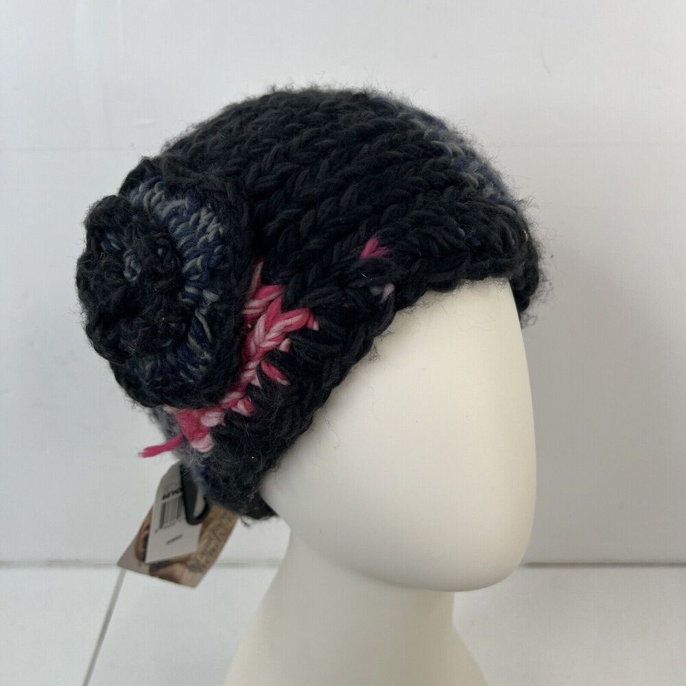 Crochet Hand Knit Headwrap Flower Accent Knit Black Pink Button Close Adjustable - Picture 2 of 9